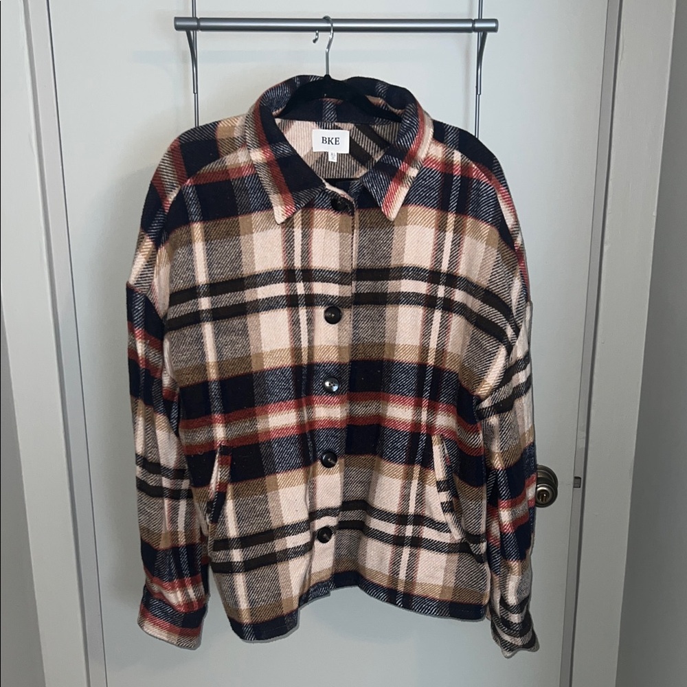 BKE Women's Checkered Utility Jacket - Red, Black, Tan (Worn Once)